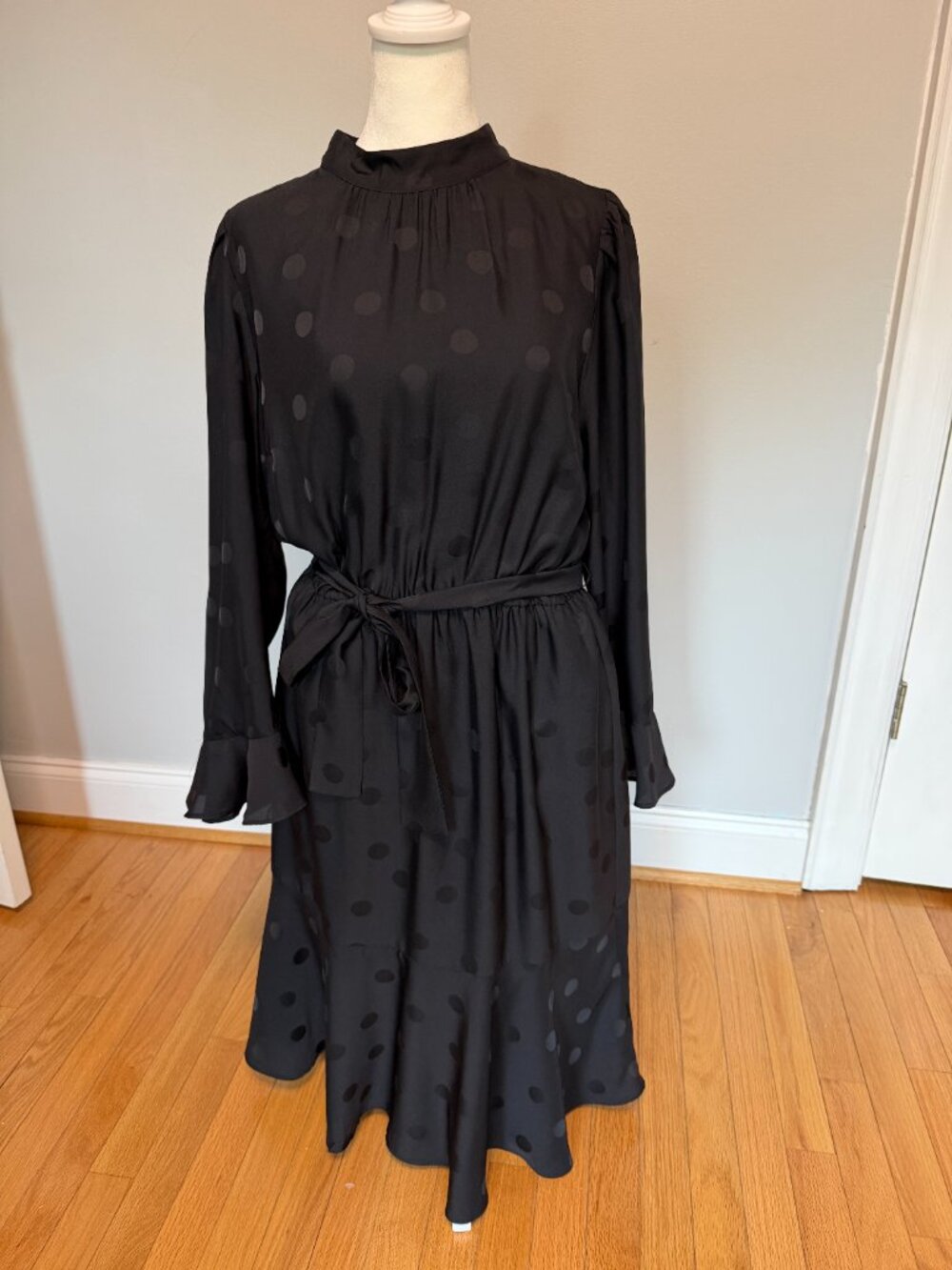 Black Ann Taylor Dotted Mock Neck Flounce Dress - Cocktail party/funeral/wedding - Picture 3 of 9